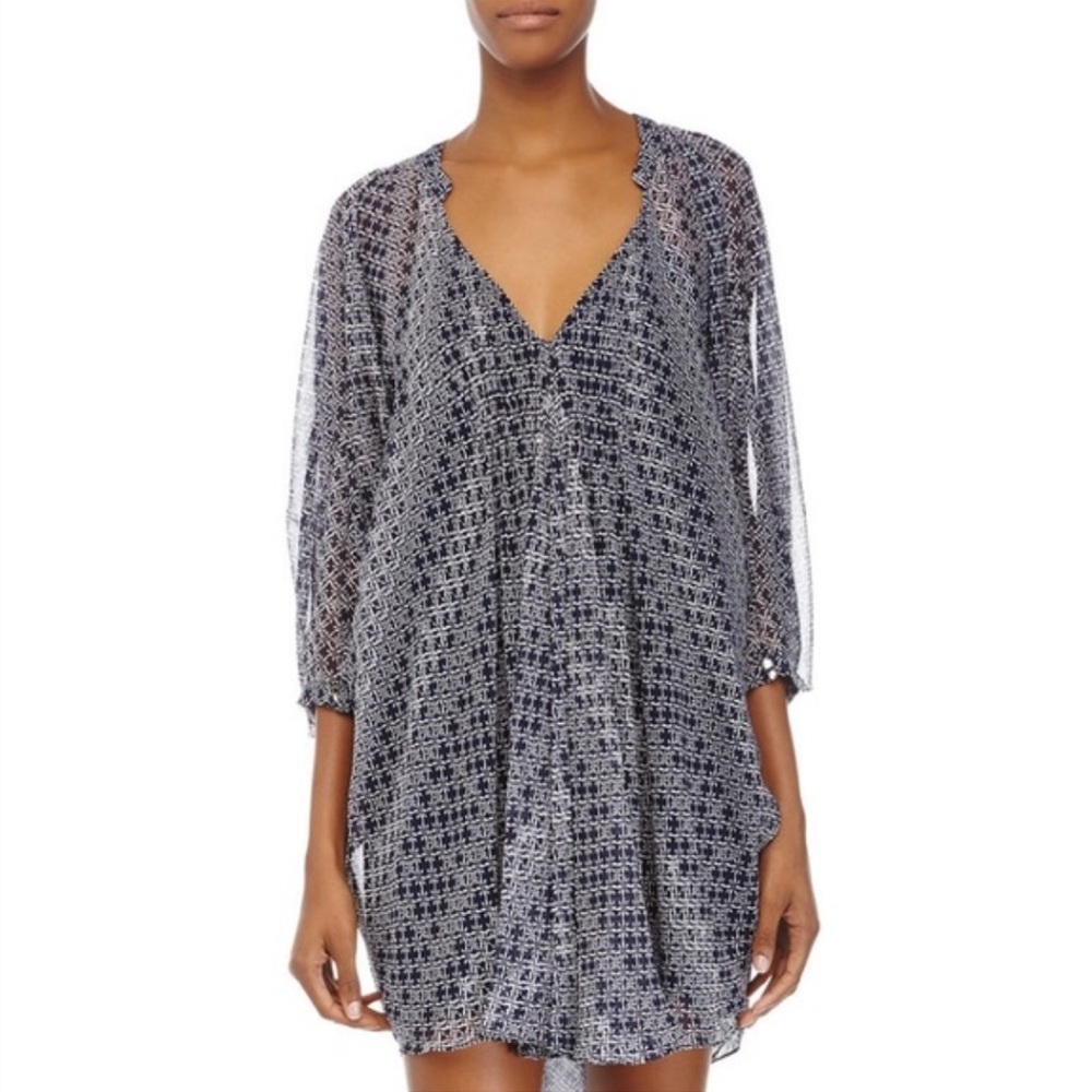 DVF Fleurette Silk Chiffon Mini Dress Moroccan Ditzy Midnight Print Navy Size 8‎